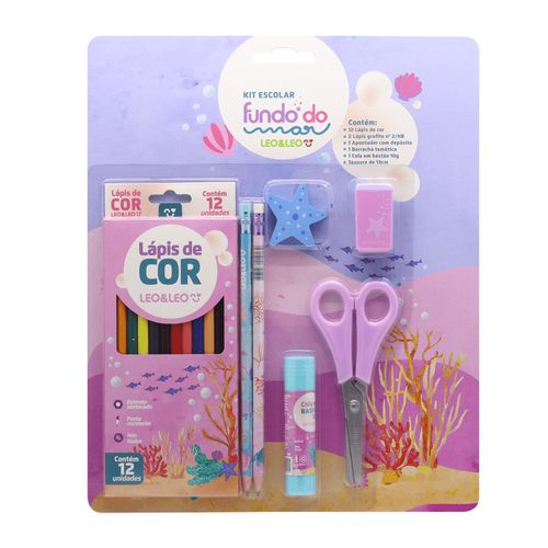 Kit Escolar Fundo Mar Lapis de Cor 12 Cores Blister Leoleo