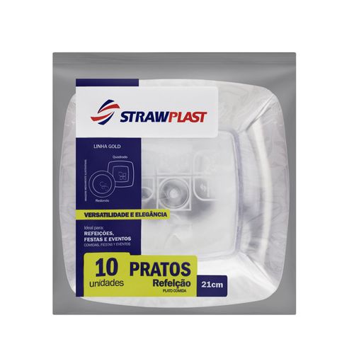 Prato Plastico Descartavel Quadrado 21cm Cristal Pacote Com 10 Unidades Strawplast