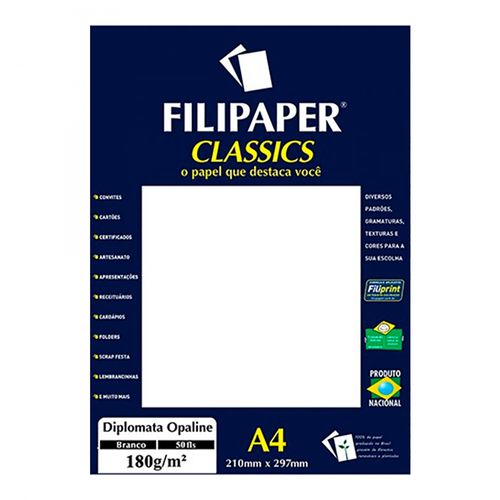 Papel A4diplomata Opaline 180g Com 50 Fls. Branco Filipaper