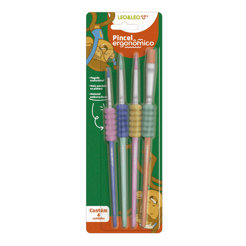Pincel Ergonomico Com Borracha Ponta Redonda Chata Leoleo Com 4 Unidades