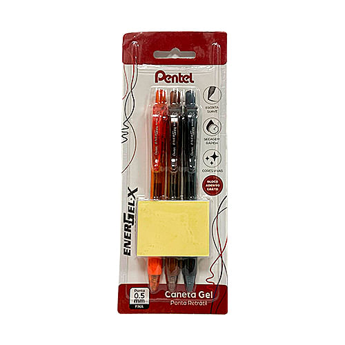 Kit C/3 Canetas Energel-x Retratil 0,5mm Azullaranja/marrom/preto  Bloco Adesivo Sm/bln105-ckpb - Pentel