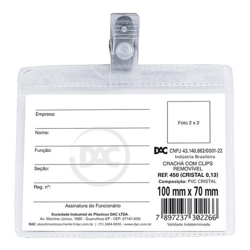 Cracha Horizontal Com Presilha Removivel 10 X 7 Cm - Dac