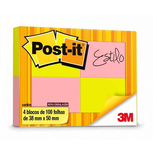 Bloco Adesivo Post-it 38 X 50 Mm Com 4 Blocos Com 100 Folhas Rosa e Verde - 3m