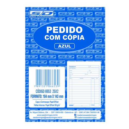 Talao de Pedido 1/36 Comcopia Azul 25 Folhas Com 2 Vias - Sao Domingos