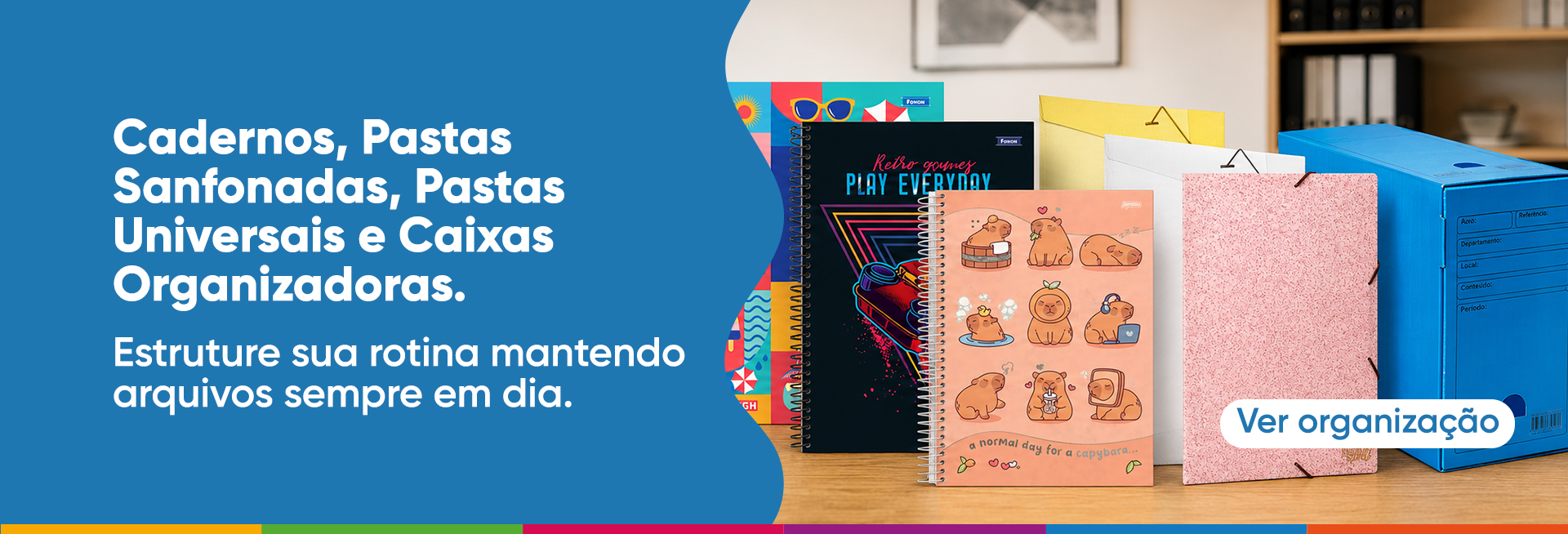 Cadernos, Pastas Sanfonadas, Pastas Universais e Caixas Organizadoras